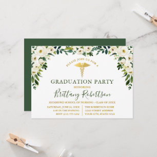 Watercolor Green White Floral Medical Grad Party Invitation
