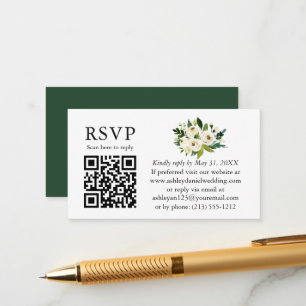 Watercolor Green White Floral QR RSVP Wedding Enclosure Card