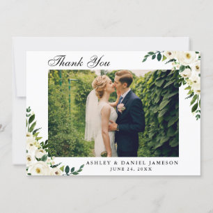 Watercolor Green White Floral Wedding Photo Thank You Card