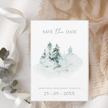 Watercolor Green White Forest Pine Trees Wedding