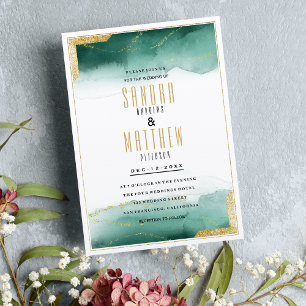 Watercolor green white gold glitter glam Wedding  Invitation