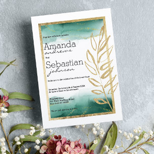 Watercolor green white gold glitter wedding invitation