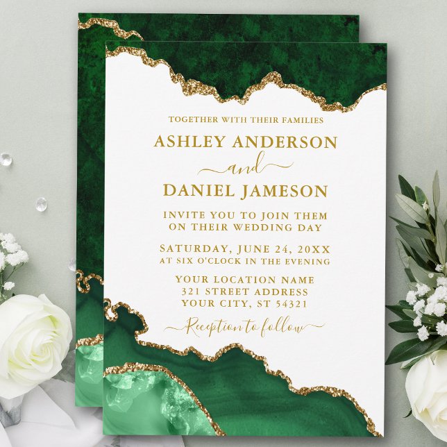 Watercolor Green White Gold Marble Geode Wedding Invitation (Customize to change text color, size or text style.)