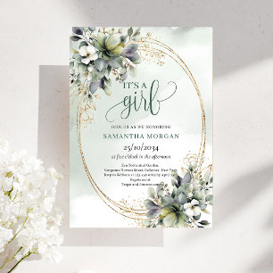 Watercolor Green White Style It’s A Girl Invitatio Invitation