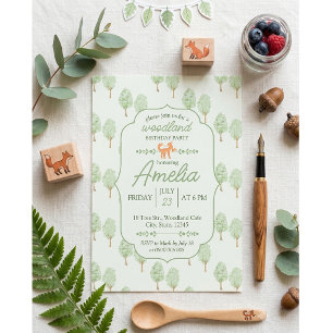 Watercolor Green Woodland Trees Cute Fox Birthday  Invitation