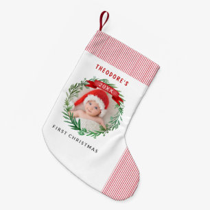 Watercolor Green Wreath First Christmas Baby Photo Small Christmas Stocking