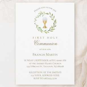 watercolor green wreath first holy communion invitation