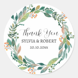 Watercolor Green Wreath Wedding Thank You Favour Classic Round Sticker