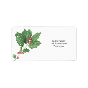 Watercolor green wreath with red berries label