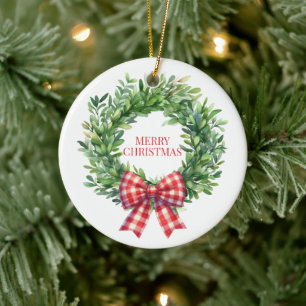 Watercolor Green Wreath With Red Gingham Bow Ceramic Ornament