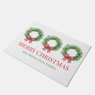 Watercolor Green Wreath With Red Gingham Bow Doormat