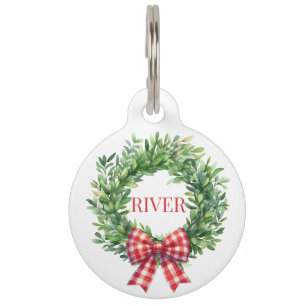 Watercolor Green Wreath With Red Gingham Bow Pet Tag