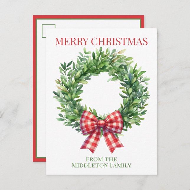 Watercolor Green Wreath With Red Gingham Bow Postcard (Front/Back)
