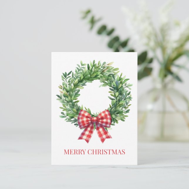 Watercolor Green Wreath With Red Gingham Bow Postcard (Standing Front)