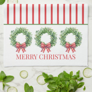 Watercolor Green Wreath With Red Gingham Bow Tea Towel