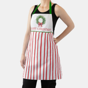 Watercolor Green Wreaths With Red Gingham Bows Apron