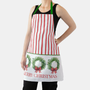Watercolor Green Wreaths With Red Gingham Bows Apron
