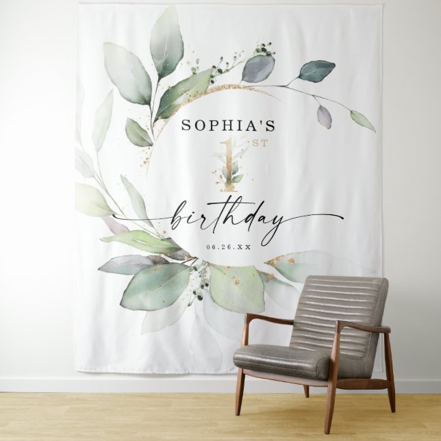 Watercolor Greenery 1st Birthday Backdrop Tapestry (In Situ)