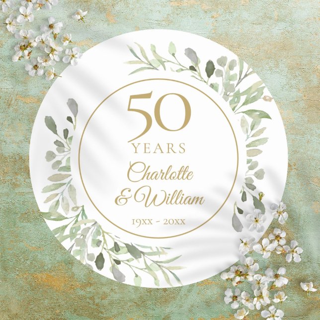 Watercolor Greenery 50th Wedding Anniversary Classic Round Sticker (Watercolor Greenery 50th Wedding Anniversary Classic Round Sticker)