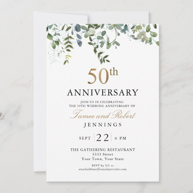  Watercolor Greenery 50th Wedding Anniversary Invitation (Front)