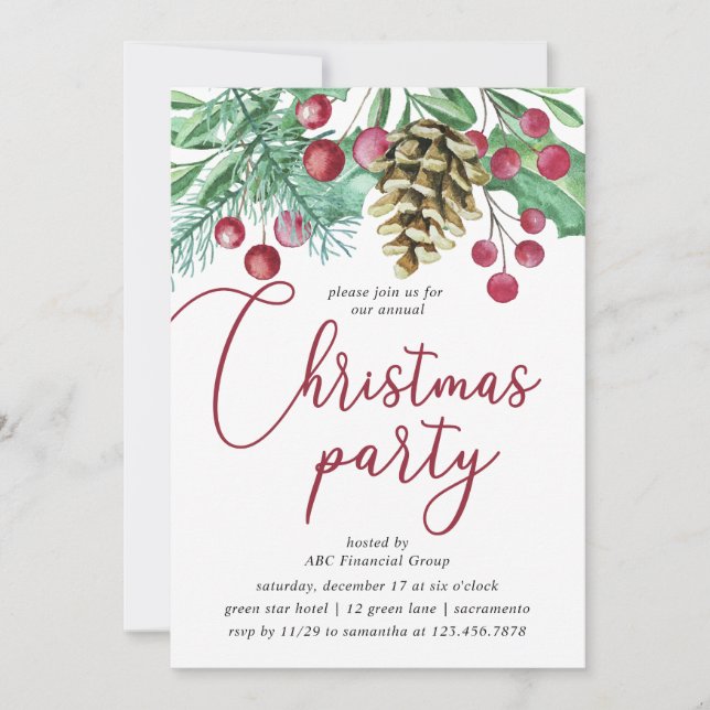Watercolor Greenery And Berries Christmas Party Invitation (Front)