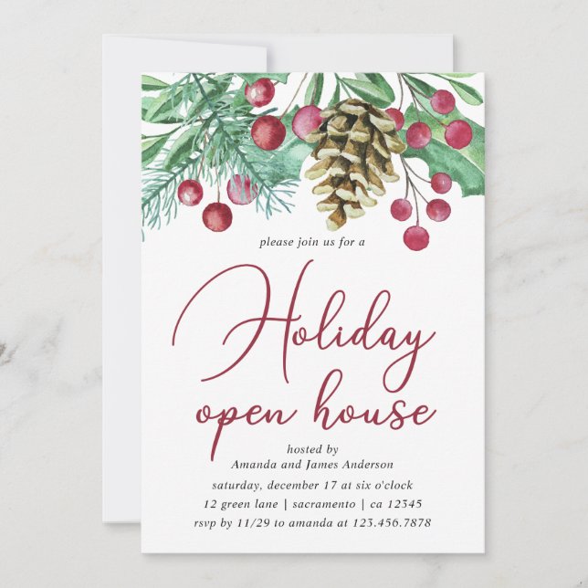 Watercolor Greenery And Berries Holiday Open House Invitation (Front)