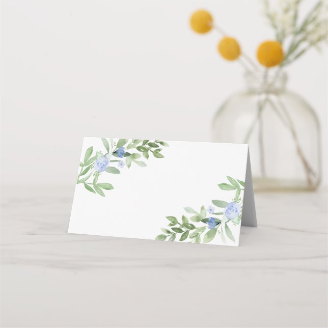 Watercolor greenery and blue event place card (Front)