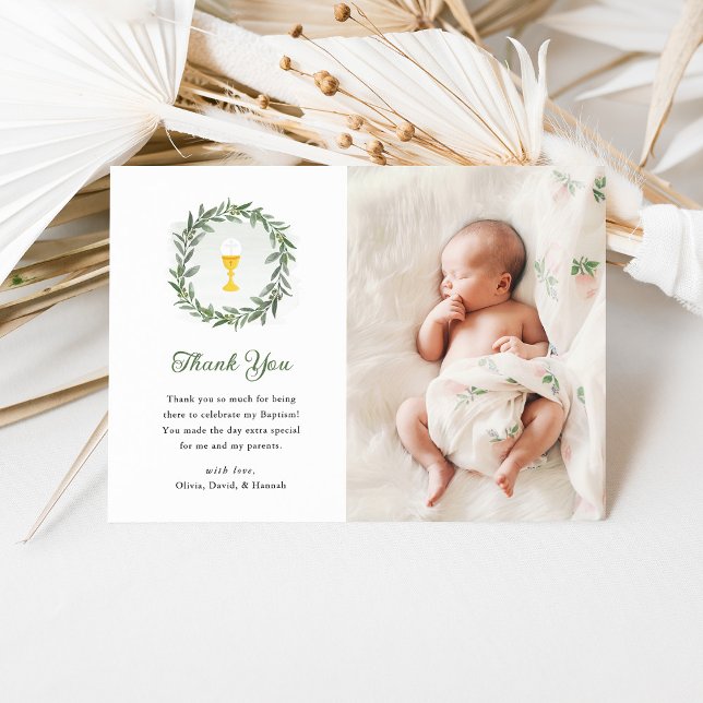Watercolor Greenery and Chalice | Photo Baptism Thank You Card (Creator Uploaded)