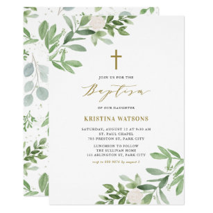 Watercolor Greenery and Flowers Baptism Invitation