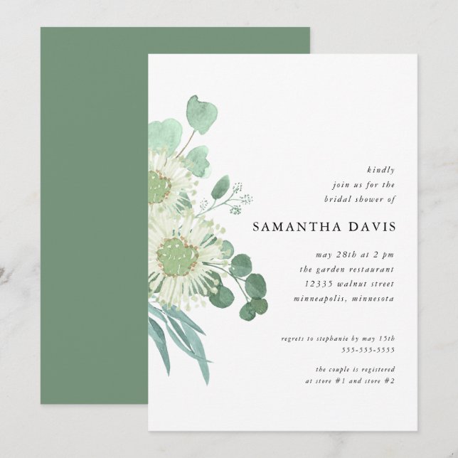 Watercolor Greenery and Flowers Bridal Shower Invitation (Front/Back)