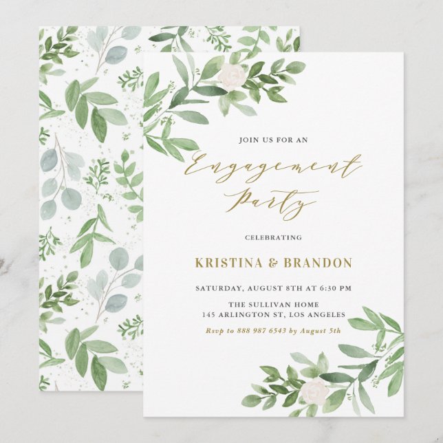 Watercolor Greenery and Flowers Engagement Party Invitation (Front/Back)