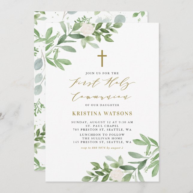 Watercolor Greenery and Flowers First Communion Invitation (Front/Back)