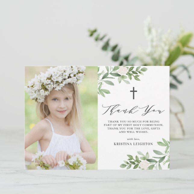 Watercolor Greenery and Flowers First Communion Thank You Card (Standing Front)