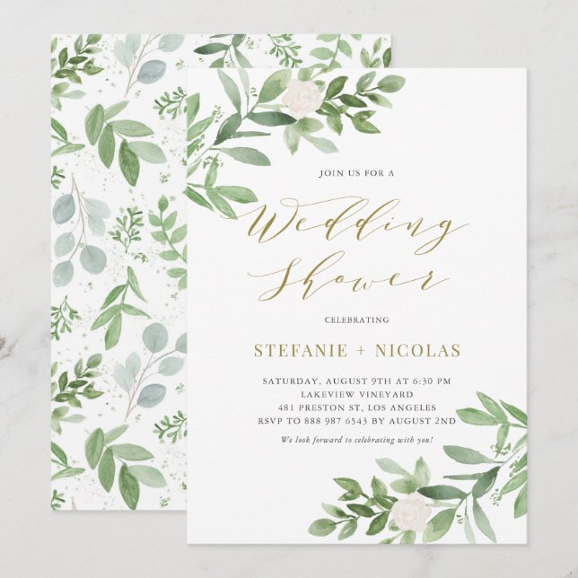 Watercolor Greenery and Flowers Wedding Shower Invitation (Front/Back)