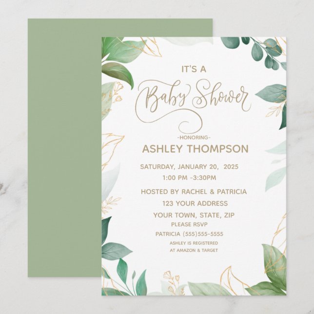   Watercolor Greenery and Gold  Baby Shower     Invitation (Front/Back)