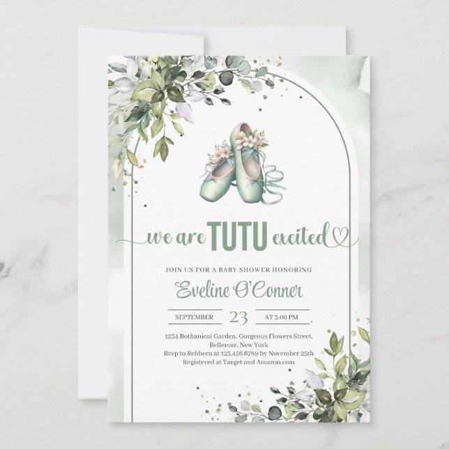 Watercolor greenery and gold ballerina shoes invitation (Front)