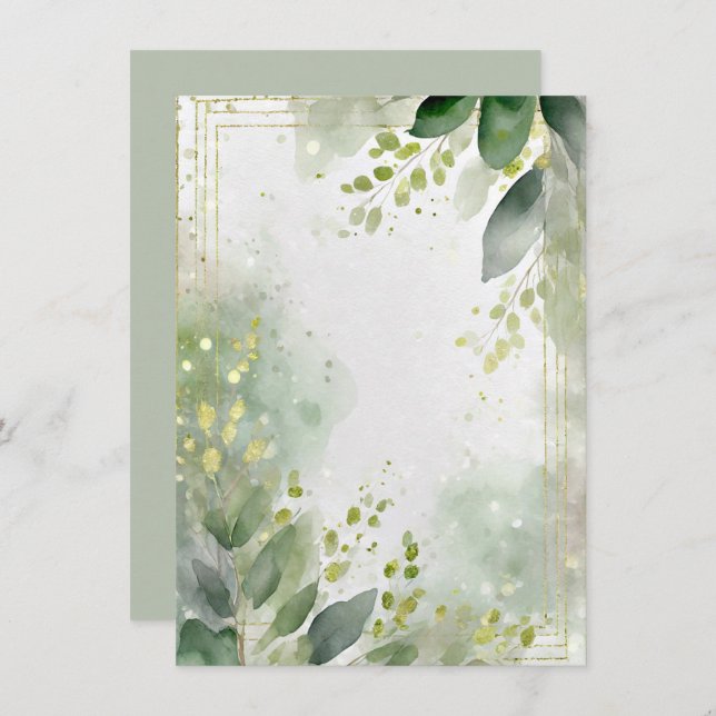 Watercolor greenery and gold blank Wedding Invitation (Front/Back)