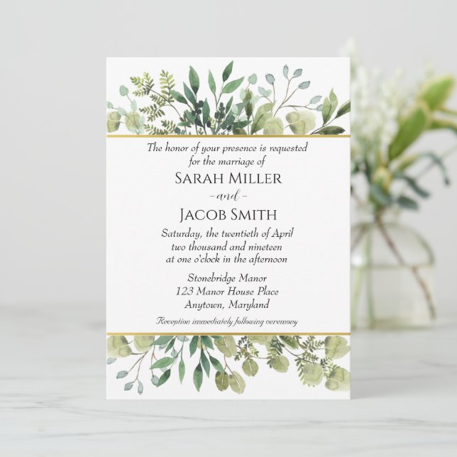 Watercolor Greenery and Gold Botanical Wedding Invitation (Standing Front)