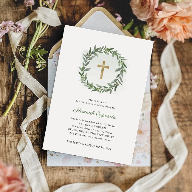 Watercolor Greenery and Gold Cross | Baptism Invitation (Creator Uploaded)