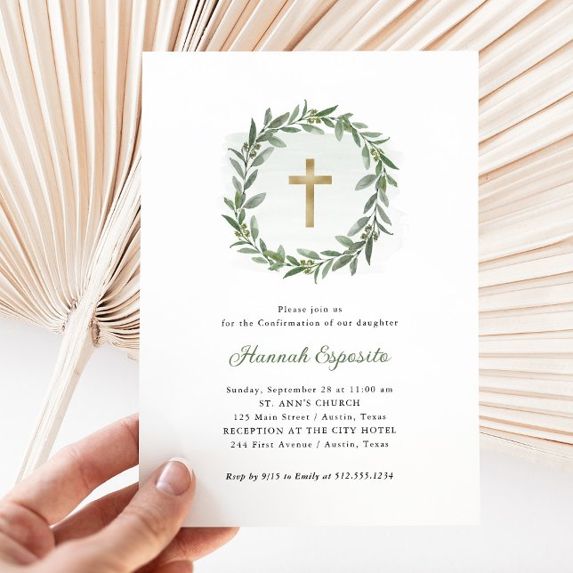 Watercolor Greenery and Gold Cross | Confirmation Invitation (Creator Uploaded)