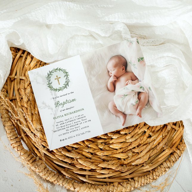Watercolor Greenery and Gold Cross | Photo Baptism Invitation (Creator Uploaded)
