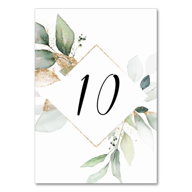 Watercolor Greenery and Gold Table Numbers (Front)