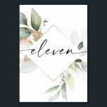 Watercolor Greenery and Gold Table Numbers Eleven<br><div class="desc">This table number design features an elegant arrangement of eucalyptus greenery and a minimal script font. Click the "Click to customise further" button to edit the script wording's colour and the background colour. See the entire collection for more matching items!</div>