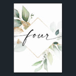 Watercolor Greenery and Gold Table Numbers Four<br><div class="desc">This table number design features an elegant arrangement of eucalyptus greenery and a minimal script font. Click the "Click to customise further" button to edit the script wording's colour and the background colour. See the entire collection for more matching items!</div>