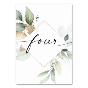 Watercolor Greenery and Gold Table Numbers Four