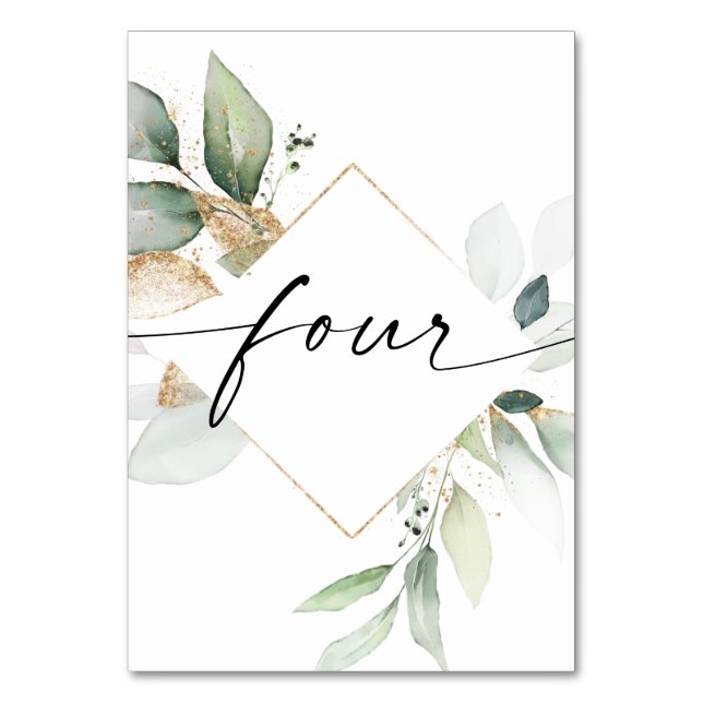 Watercolor Greenery and Gold Table Numbers Four (Front)
