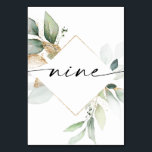 Watercolor Greenery and Gold Table Numbers Nine<br><div class="desc">This table number design features an elegant arrangement of eucalyptus greenery and a minimal script font. Click the "Click to customise further" button to edit the script wording's colour and the background colour. See the entire collection for more matching items!</div>