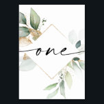 Watercolor Greenery and Gold Table Numbers One<br><div class="desc">This table number design features an elegant minimal script font. Click the "Click to customise further" button to edit the script wording's colour and the background colour. See the entire collection for more matching items!</div>
