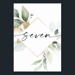 Watercolor Greenery and Gold Table Numbers Seven<br><div class="desc">This table number design features an elegant arrangement of eucalyptus greenery and a minimal script font. Click the "Click to customise further" button to edit the script wording's colour and the background colour. See the entire collection for more matching items!</div>
