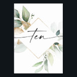 Watercolor Greenery and Gold Table Numbers Ten<br><div class="desc">This table number design features an elegant arrangement of eucalyptus greenery and a minimal script font. Click the "Click to customise further" button to edit the script wording's colour and the background colour. See the entire collection for more matching items!</div>